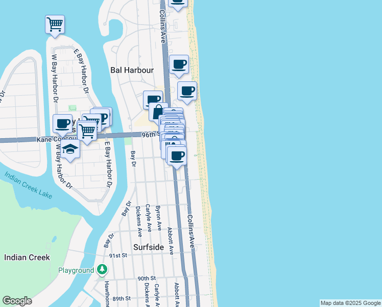 map of restaurants, bars, coffee shops, grocery stores, and more near 203 95th Street in Surfside