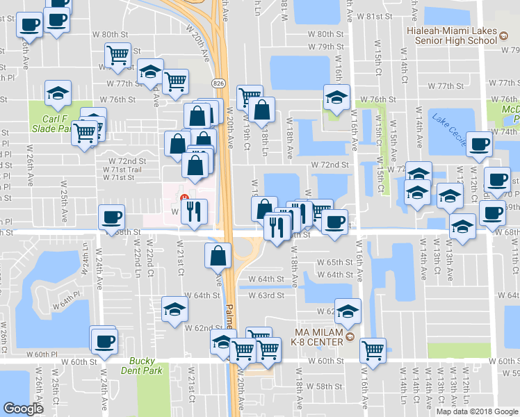 map of restaurants, bars, coffee shops, grocery stores, and more near 6925 West 19th Court in Hialeah