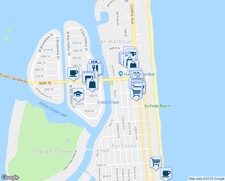 map of restaurants, bars, coffee shops, grocery stores, and more near 9516 Bay Drive in Surfside