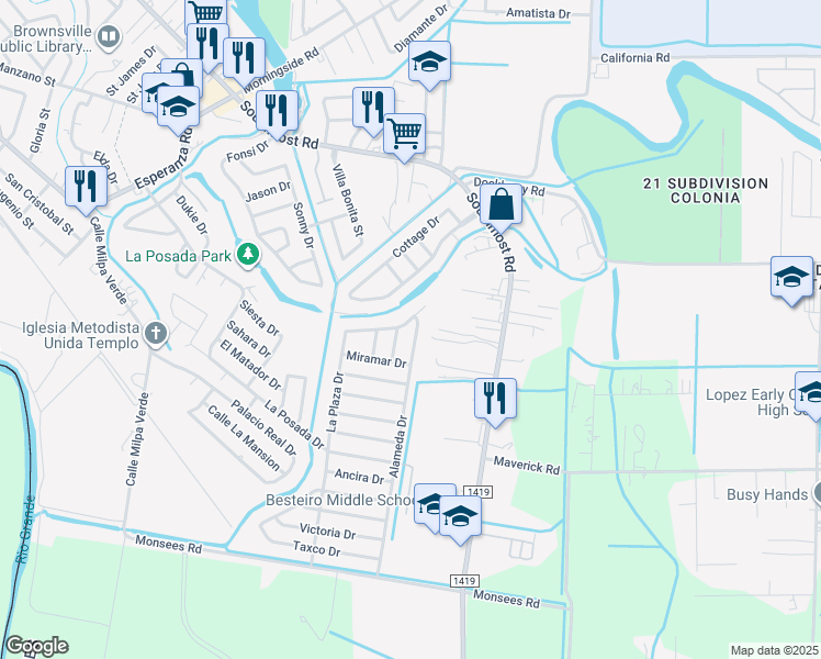 map of restaurants, bars, coffee shops, grocery stores, and more near 2712 Alameda Drive in Brownsville