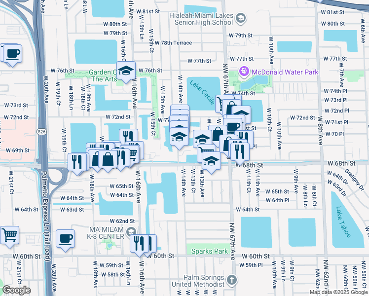 map of restaurants, bars, coffee shops, grocery stores, and more near 1383 West 69th Street in Hialeah