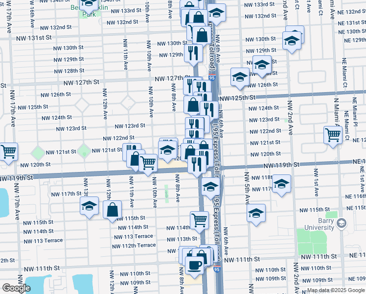 map of restaurants, bars, coffee shops, grocery stores, and more near 12105 Northwest 8th Avenue in North Miami