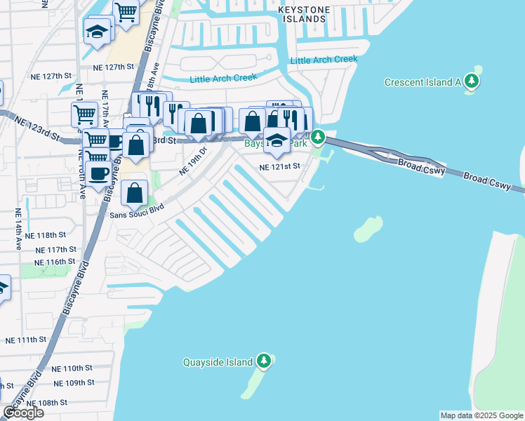 map of restaurants, bars, coffee shops, grocery stores, and more near 2060 Northeast 121st Road in North Miami