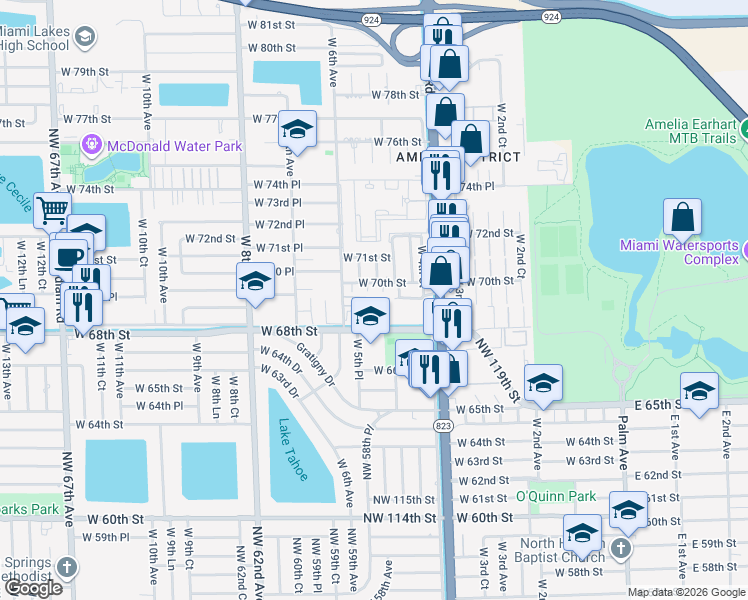 map of restaurants, bars, coffee shops, grocery stores, and more near 470 West 69th Place in Hialeah