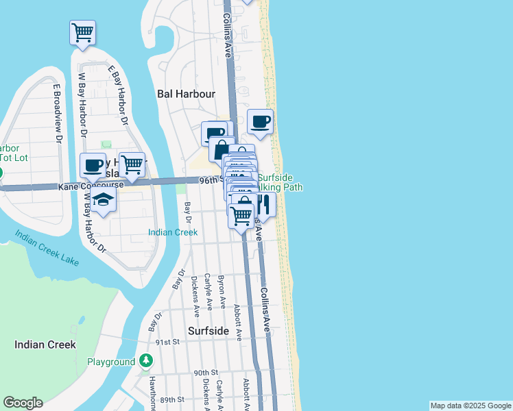 map of restaurants, bars, coffee shops, grocery stores, and more near 203 95th Street in Surfside