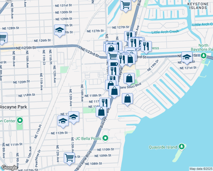 map of restaurants, bars, coffee shops, grocery stores, and more near 11854 Northeast 16th Avenue in Miami