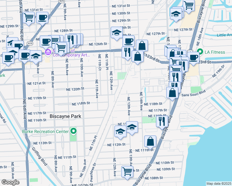 map of restaurants, bars, coffee shops, grocery stores, and more near 11907 Northeast 12th Court in Biscayne Park