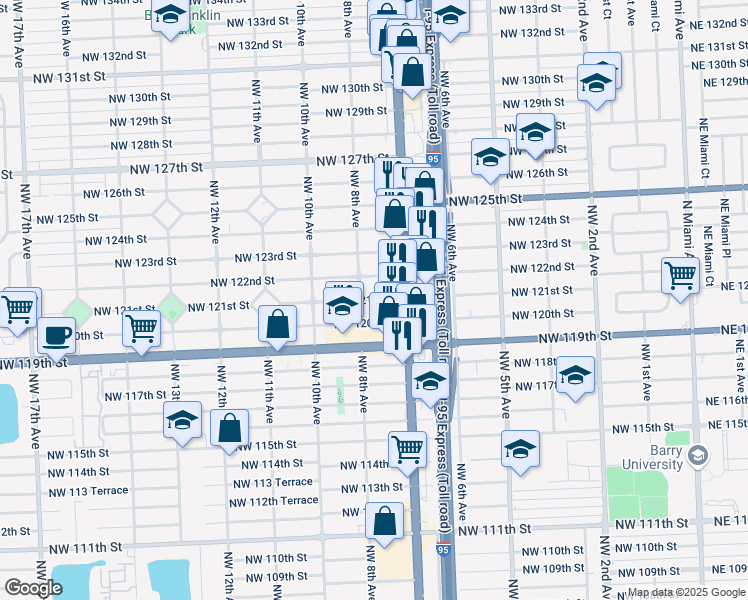 map of restaurants, bars, coffee shops, grocery stores, and more near 12105 Northwest 8th Avenue in North Miami