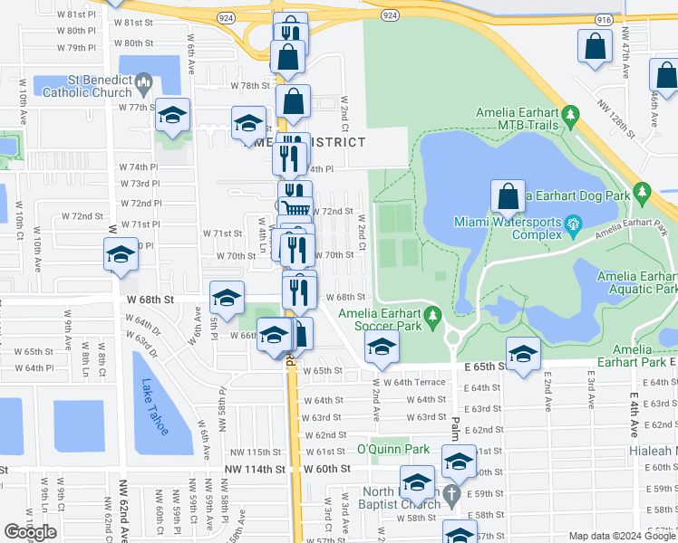 map of restaurants, bars, coffee shops, grocery stores, and more near 6905 West 2nd Way in Hialeah