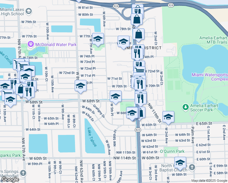 map of restaurants, bars, coffee shops, grocery stores, and more near 575 West 69th Street in Hialeah