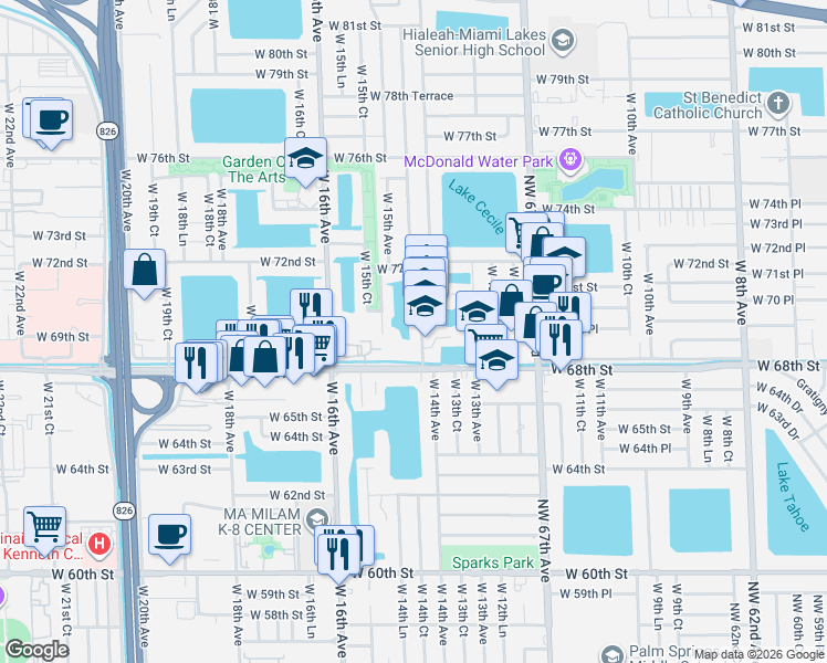 map of restaurants, bars, coffee shops, grocery stores, and more near 6923 West 15th Avenue in Hialeah