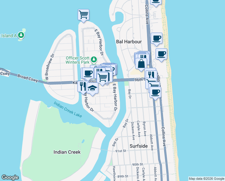 map of restaurants, bars, coffee shops, grocery stores, and more near 1050 95th Street in Bay Harbor Islands