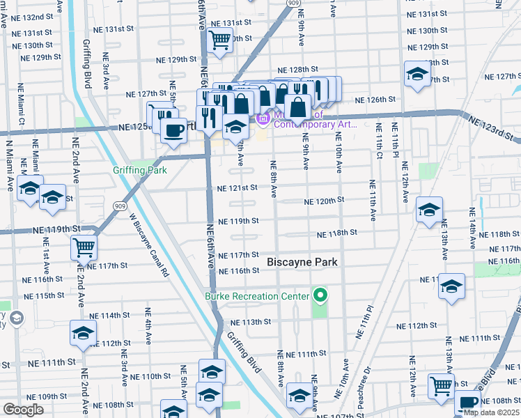 map of restaurants, bars, coffee shops, grocery stores, and more near 11932 Northeast 8th Avenue in Biscayne Park