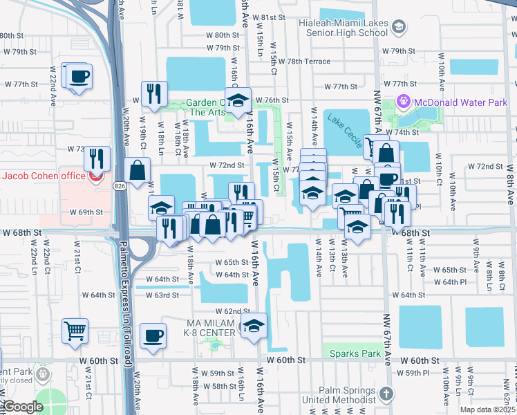 map of restaurants, bars, coffee shops, grocery stores, and more near 6975 West 16th Avenue in Hialeah