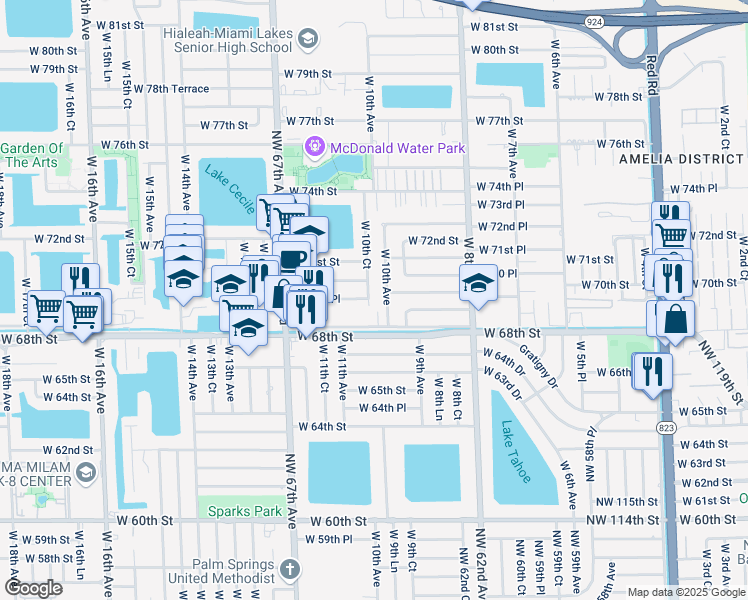 map of restaurants, bars, coffee shops, grocery stores, and more near 6935 West 10th Court in Hialeah