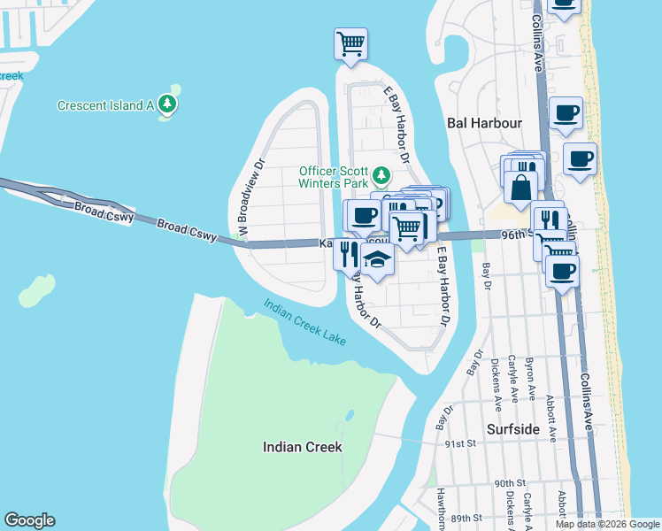 map of restaurants, bars, coffee shops, grocery stores, and more near 9461 East Broadview Drive in Bay Harbor Islands