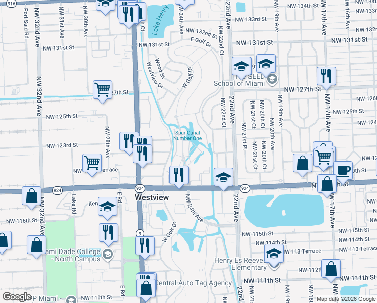 map of restaurants, bars, coffee shops, grocery stores, and more near 12210 West Golf Drive in Miami