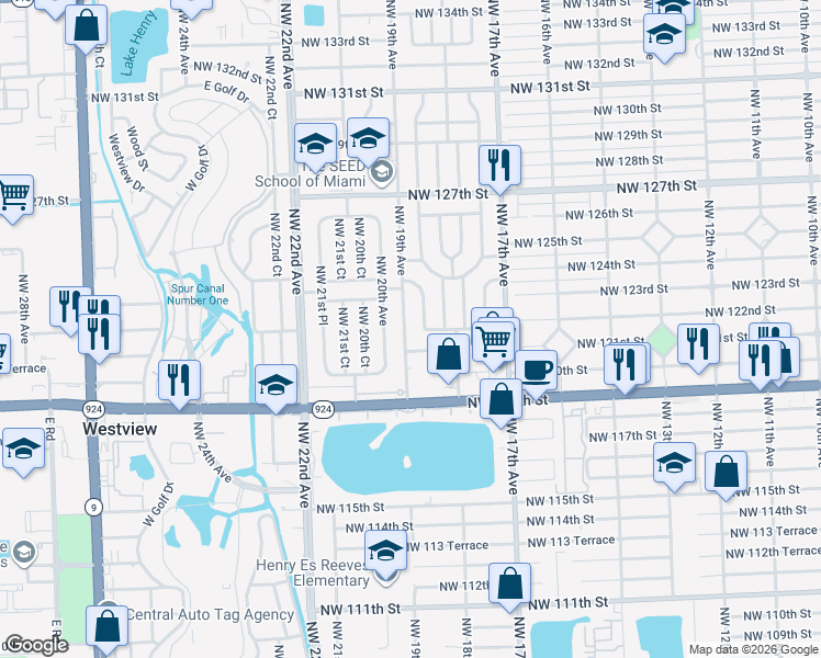 map of restaurants, bars, coffee shops, grocery stores, and more near 12135 Northwest 19th Avenue in Miami