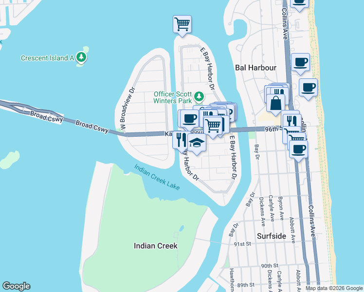 map of restaurants, bars, coffee shops, grocery stores, and more near 9400 West Bay Harbor Drive in Bay Harbor Islands