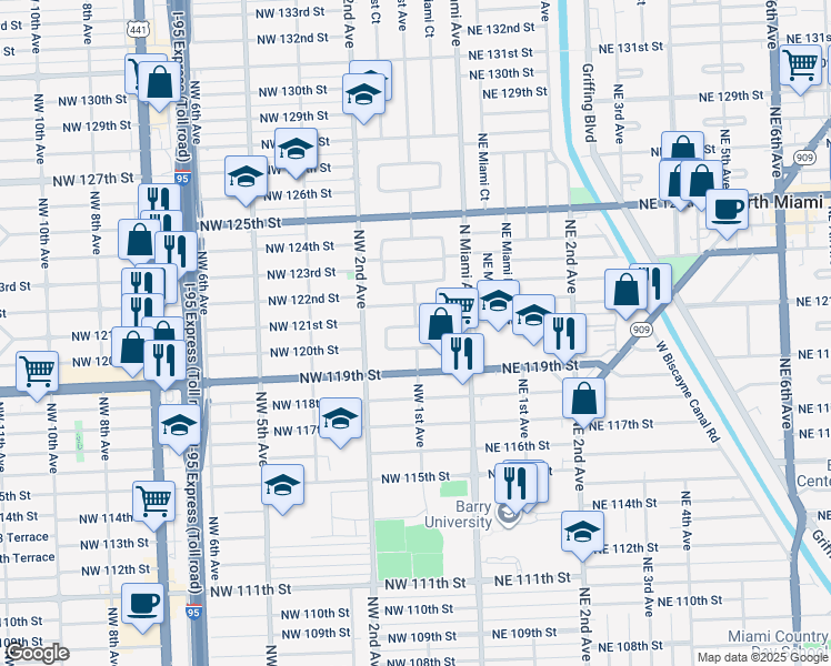 map of restaurants, bars, coffee shops, grocery stores, and more near 100 Northwest 120th Terrace in North Miami