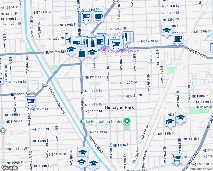 map of restaurants, bars, coffee shops, grocery stores, and more near 11932 Northeast 8th Avenue in Biscayne Park