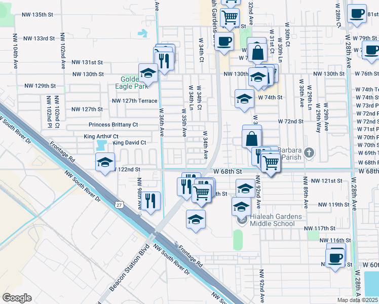 map of restaurants, bars, coffee shops, grocery stores, and more near 169 West 70th Terrace in Hialeah