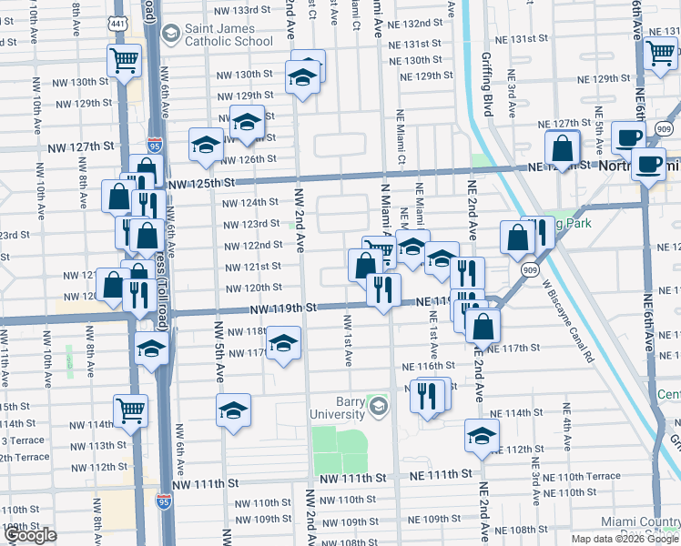 map of restaurants, bars, coffee shops, grocery stores, and more near 100 Northwest 120th Terrace in North Miami