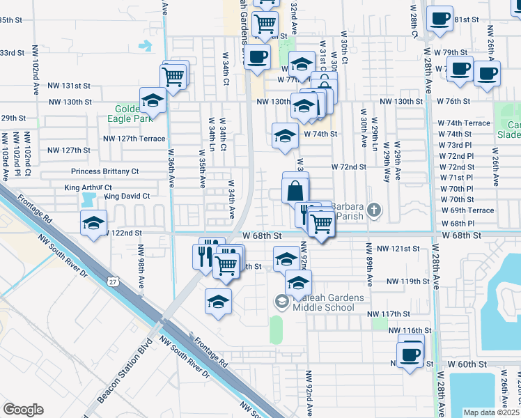 map of restaurants, bars, coffee shops, grocery stores, and more near 132 Northwest 93rd Court in Hialeah