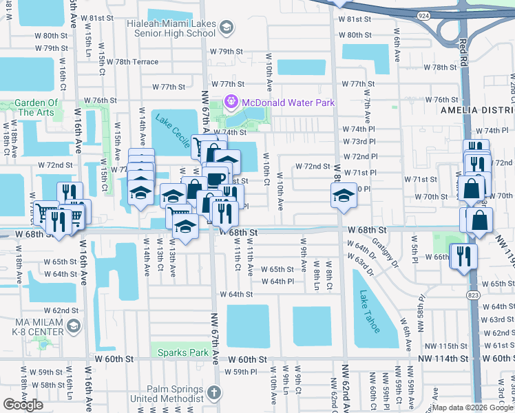 map of restaurants, bars, coffee shops, grocery stores, and more near 6935 West 10th Court in Hialeah