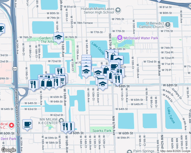 map of restaurants, bars, coffee shops, grocery stores, and more near 1295 West 69th Street in Hialeah