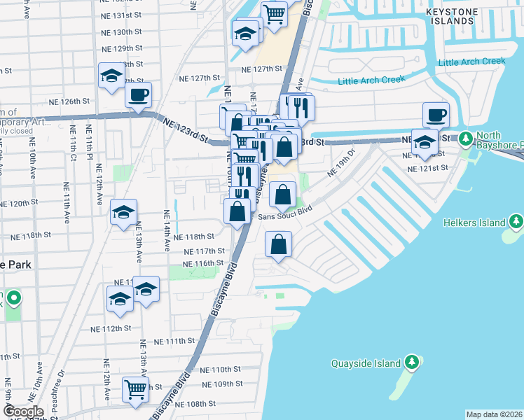 map of restaurants, bars, coffee shops, grocery stores, and more near 11885 Biscayne Boulevard in North Miami
