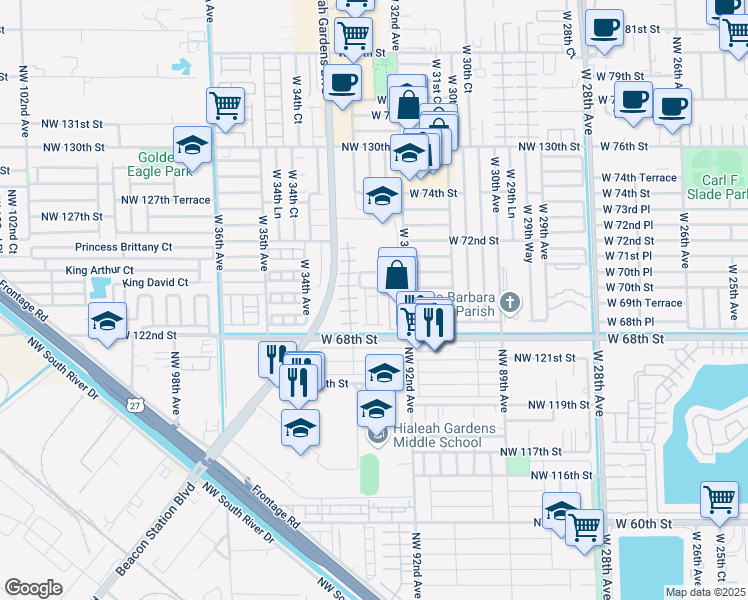 map of restaurants, bars, coffee shops, grocery stores, and more near 3268 West 70th Street in Hialeah