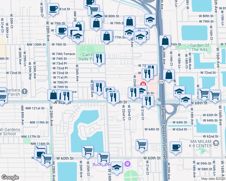 map of restaurants, bars, coffee shops, grocery stores, and more near 2353 West 69th Street in Hialeah