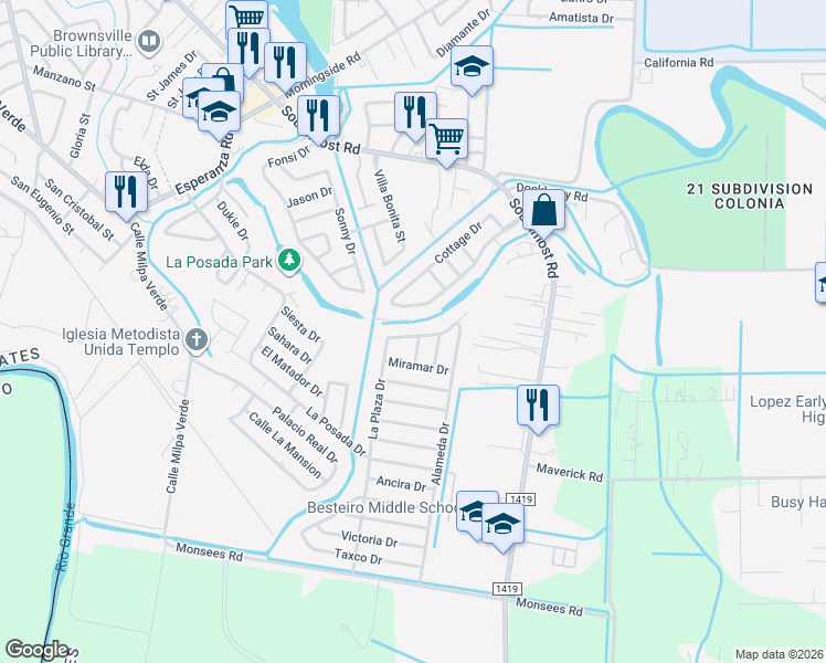 map of restaurants, bars, coffee shops, grocery stores, and more near 2862 La Plaza Drive in Brownsville