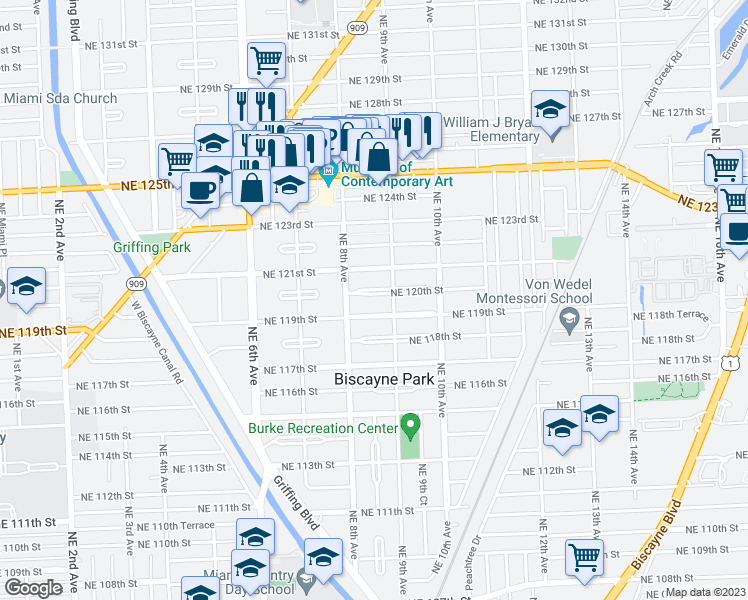 map of restaurants, bars, coffee shops, grocery stores, and more near 840 Northeast 120th Street in Biscayne Park