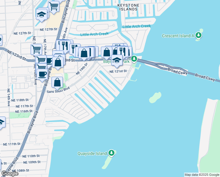 map of restaurants, bars, coffee shops, grocery stores, and more near 2060 Northeast 121st Road in North Miami