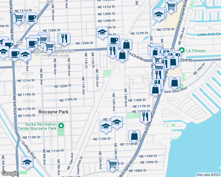 map of restaurants, bars, coffee shops, grocery stores, and more near 1339 Northeast 119th Street in North Miami