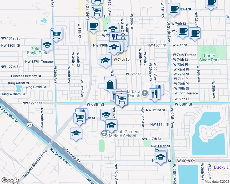 map of restaurants, bars, coffee shops, grocery stores, and more near 3187 West 69th Place in Hialeah