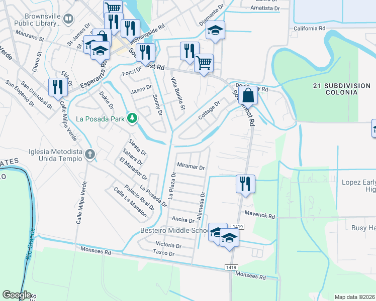 map of restaurants, bars, coffee shops, grocery stores, and more near 2862 La Plaza Drive in Brownsville