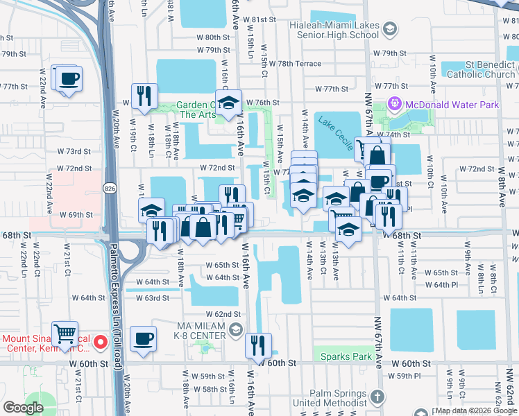 map of restaurants, bars, coffee shops, grocery stores, and more near 6975 West 16th Avenue in Hialeah