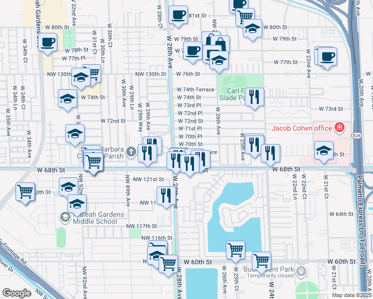 map of restaurants, bars, coffee shops, grocery stores, and more near 2755 West 69th Terrace in Hialeah