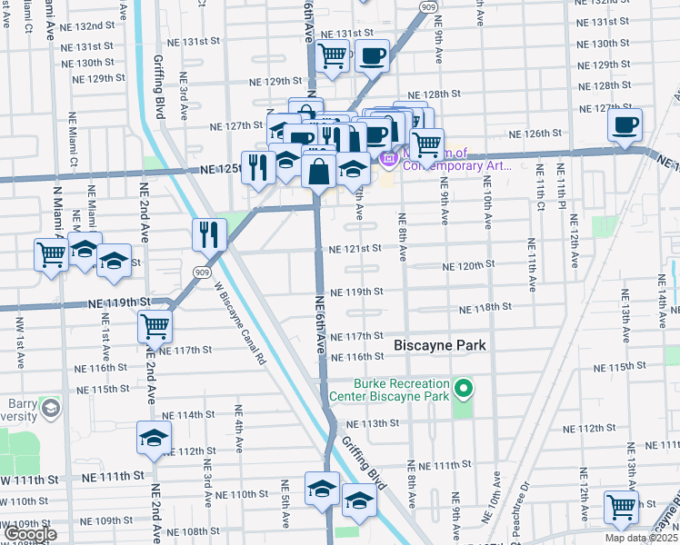 map of restaurants, bars, coffee shops, grocery stores, and more near 662 Northeast 120th Street in Biscayne Park