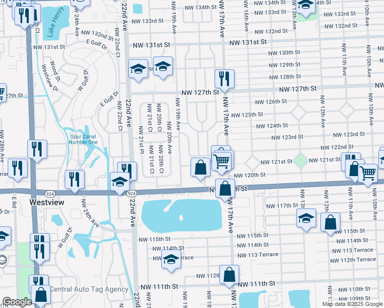 map of restaurants, bars, coffee shops, grocery stores, and more near 12135 Northwest 19th Avenue in Miami