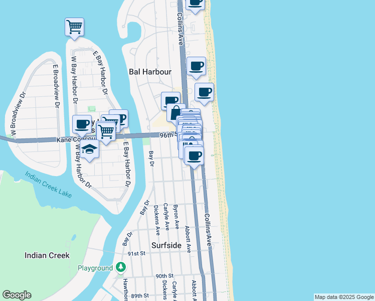 map of restaurants, bars, coffee shops, grocery stores, and more near 9501 Harding Avenue in Surfside