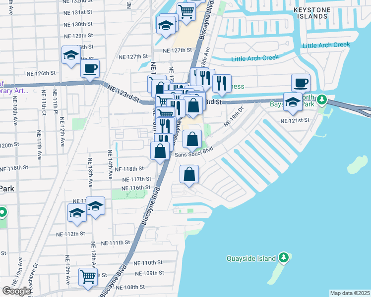 map of restaurants, bars, coffee shops, grocery stores, and more near 1780 Sans Souci Boulevard in North Miami