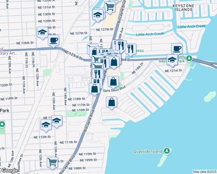map of restaurants, bars, coffee shops, grocery stores, and more near 1780 Sans Souci Boulevard in North Miami