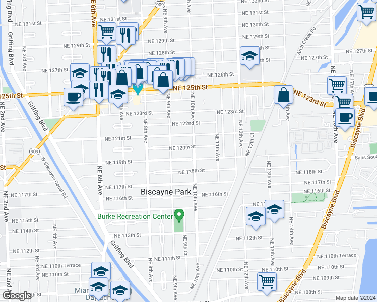 map of restaurants, bars, coffee shops, grocery stores, and more near 11915 Northeast 10th Avenue in Biscayne Park
