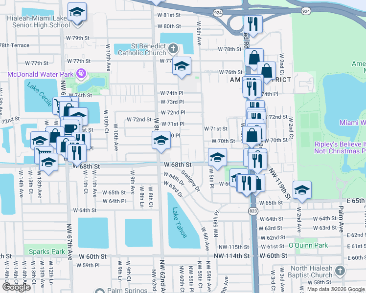 map of restaurants, bars, coffee shops, grocery stores, and more near 730 West 69th Place in Hialeah
