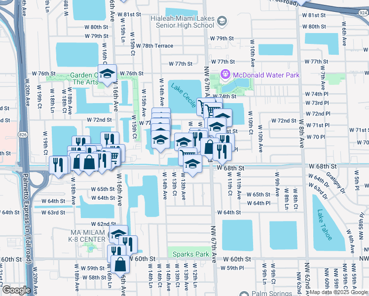 map of restaurants, bars, coffee shops, grocery stores, and more near 1295 West 69th Street in Hialeah