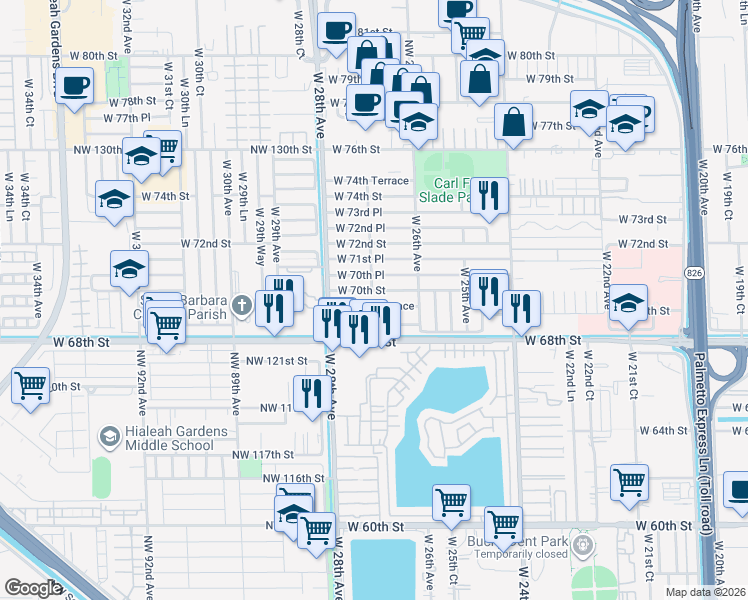 map of restaurants, bars, coffee shops, grocery stores, and more near 2663 West 69th Terrace in Hialeah